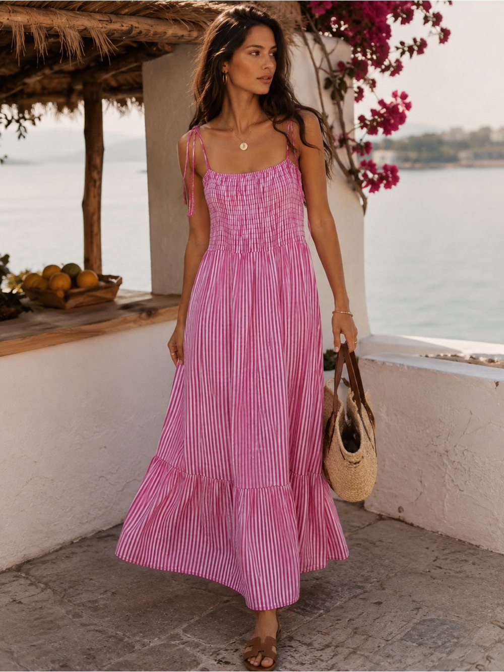 Made in Italy Pink Striped Halter Maxi Dress Smocked Sundress Size S Preppy Soft